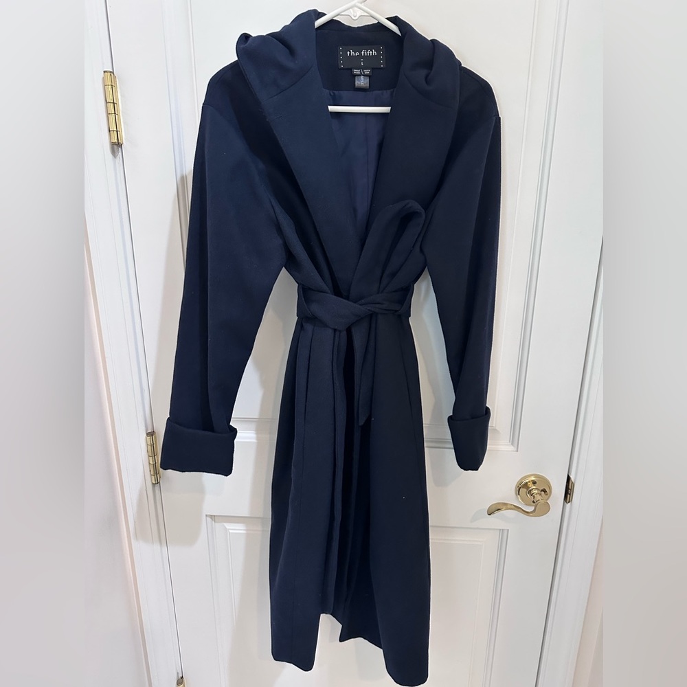 Fifth Label Elegant Navy Blue Robe Trench Coat with Tie and Hoodie